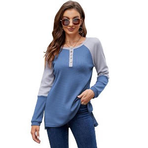 Women's Long Sleeve Waffle Henley Shirts Button Down Round Neck T Shirts Side Splite Color Block Casual Work Blouses - 1 of 4