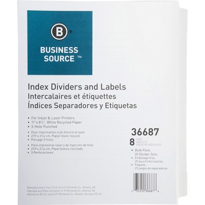 Business Source Index Dividers 3HP 8-Tab 25 ST/PK 11"x8-1/2" White 36687