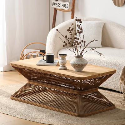 43.3" Mid-Century Modern Wood Coffee Table,Low Profile Rectangular Accent Table with Boho Woven Bamboo Base for Living Room-Baofuwish
