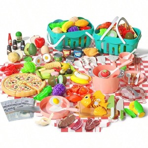 150Pcs Kitchen Playset, Pretend Cooking Accessories, Food, Picnic Blanket, Fruits, Veges, 2Pack Baskets, Dessert, Prop Money - 1 of 4