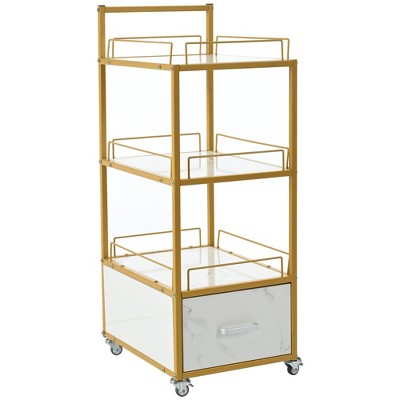 VYNXARIA Beauty Salon Storage Trolley Cart,with Lockable Rolling Wheels,Metal Frame Marbled Board,Drawer Barber Salon Furniture,white