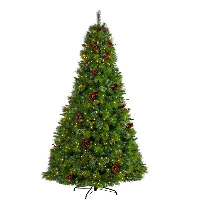 Nearly Natural 8-ft Montana Mixed Pine Artificial Christmas Tree with Pine Cones, Berries and 700 Clear LED Lights