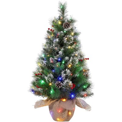 Artificial Christmas Tree Tabletop, Flocked Potted Christmas Tree with Berry Clusters, Battery Operated, for Front Door, Porch