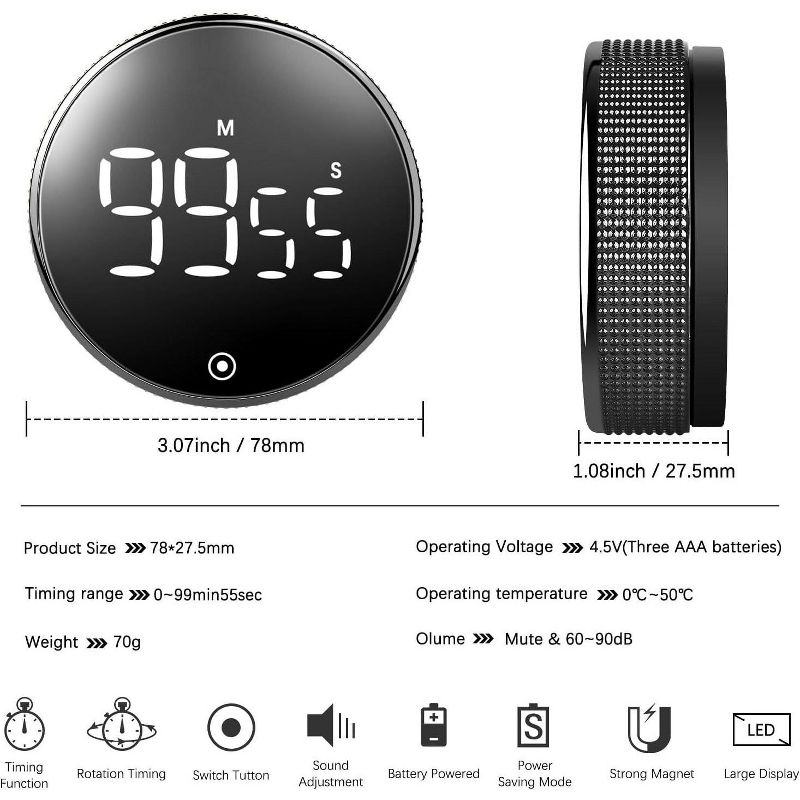 Link LED Modern Knob Rotation Kitchen Timer Large Display Timer Magnetic Back Great For Baking Classrooms Fitness Studying Easy For Kids & Seniors, 5 of 9