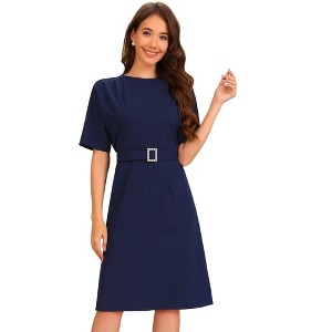 INSPIRE CHIC Women's Short Sleeve Midi Crewneck Belted Casual Swing Dress - 1 of 4