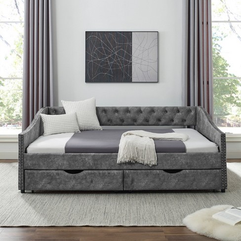 Full Size Upholstered Button Tufted Sofa Bed with Drawers and Waved Shape  Arms, Gray - ModernLuxe