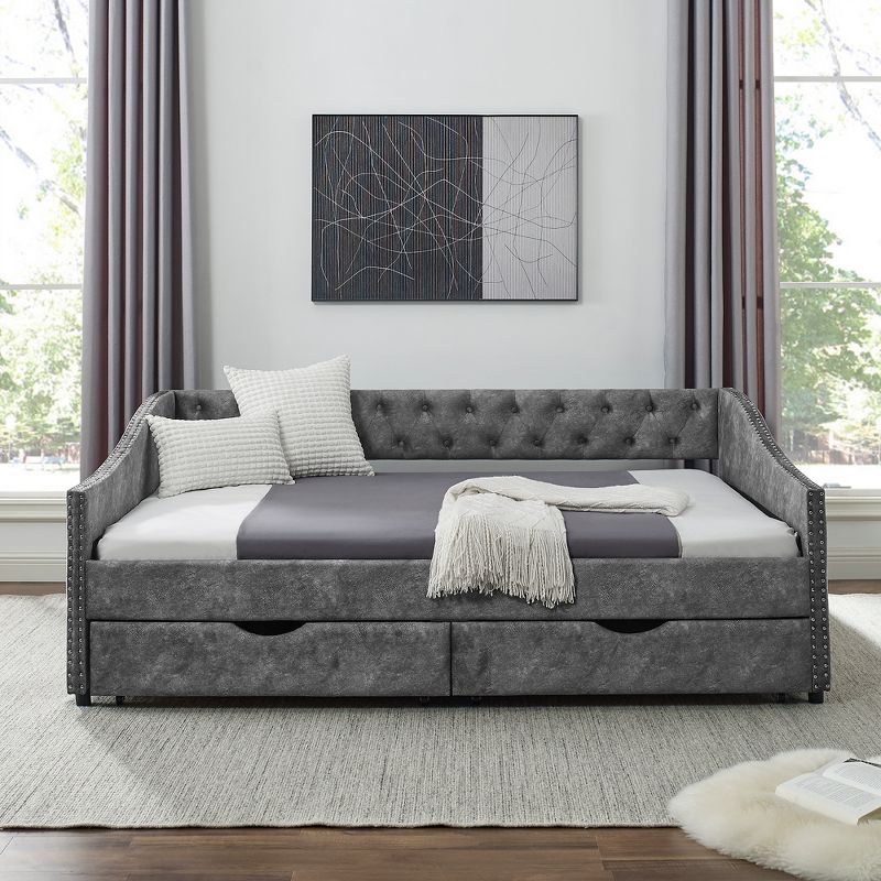 Full Size Upholstered Button Tufted Sofa Bed with Drawers and Waved Shape Arms, Gray - ModernLuxe, 1 of 11