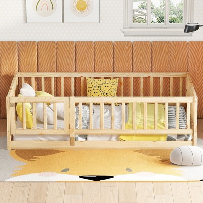 CAVINAS Twin/Full Size Floor Bed,Toddler Floor Bed with Fence and Door,Montessori Floor Bed for Kids,Girls,Boys