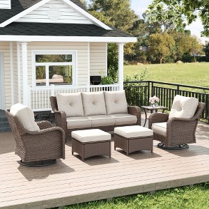 LayinSun Wicker Outdoor Furniture Set with 6-inch Comfy Cushions, High Back Patio Furniture Set with Swivel Rocking Chairs and Side Table - 1 of 4