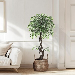 Artificial Ficus Tree, Faux Floor Tree White Imitation Ceramic Planter, Indoor Outdoor Lifelike Fake Ficus Tree with Pebbles & Green Fake Moss - 1 of 4