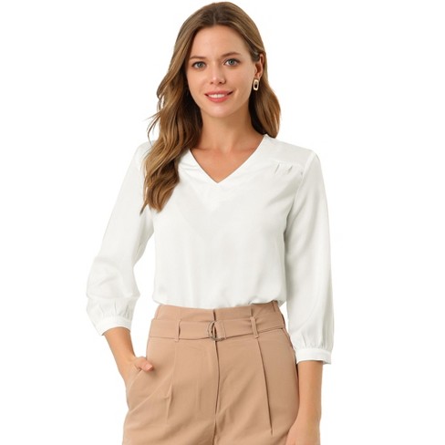 Allegra K Women's V Neck 3/4 Sleeve Casual Office Work Satin Blouses Top  White Large : Target