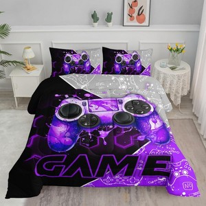 Boy's 3D Game Controller Geometric Bedding Set, Modern Purple Graffiti Style, Three-Piece Set - 1 of 4