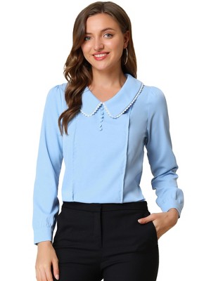 INSPIRE CHIC Women's Peter Pan Collar Crochet Trim Long Sleeve Work Office Blouse