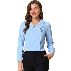 INSPIRE CHIC Women's Peter Pan Collar Crochet Trim Long Sleeve Work Office Blouse - 1 of 4