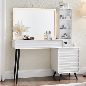 SinCiDo Vanity Tables with Large 35" HD Lighted Mirror, Fluted Makeup Vanity Desk with Glass Tabletop & Charging Station - 1 of 4