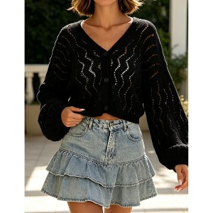 Women Crochet Hollow‑Out Cropped Cardigan V‑Neck Button Down Puff