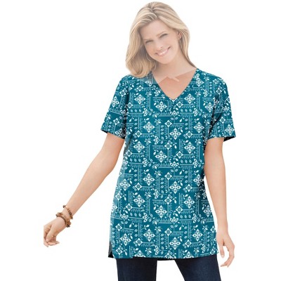 Woman Within Perfect Printed Short-Sleeve Shirred V-Neck Tunic