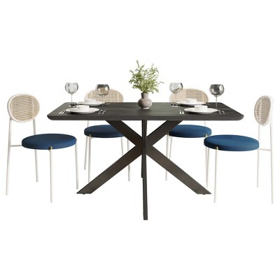 LeisureMod Ravenna 5-Piece Dining Set - 63" Rectangular MDF Top Dining Table in Ebony & 4 Velvet Dining Chairs in White Steel Legs