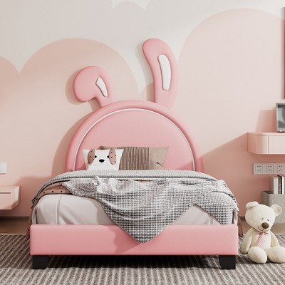 Whisen Upholstered Leather Platform Bed with Rabbit Shaped Headboard