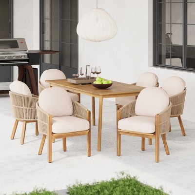 7 Piece Outdoor Acacia Wood Dining Sets,1PC Dining Table and 6PCS Rope Woven Dining Chairs,6 Seater Wooden Garden Dining Sets-Coolbibila