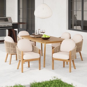 7 Piece Outdoor Acacia Wood Dining Sets,1PC Dining Table and 6PCS Rope Woven Dining Chairs,6 Seater Wooden Garden Dining Sets-Coolbibila - 1 of 4
