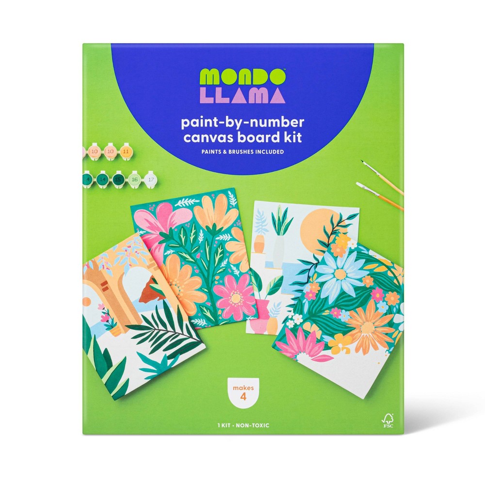 4pk Paint by Number Canvas boards Floral - Mondo Llama™: DIY Art Kit, Acrylic Paint & Brushes, Adult Craft Activity