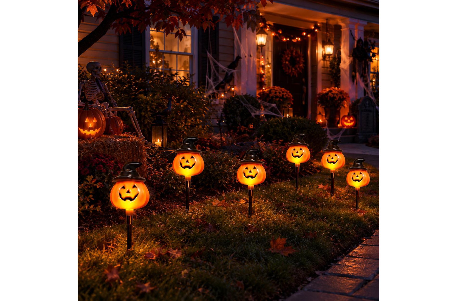 6 Pack Solar Jack-O-Lantern Stake Lights, Halloween Pathway Decor with 8 Lighting Modes for Outdoor Yard, Lawn, Garden and Porch