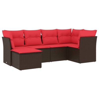 vidaXL 7 Piece Patio Sofa Set with Cushions Poly Rattan - Brown and Red Without Table