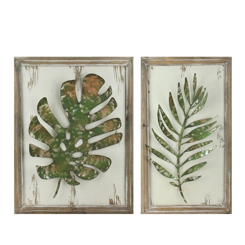 Melrose Set of 2 Rustic and Distressed Forest Green Leaf Framed Wall Plaques 19", 1 of 4