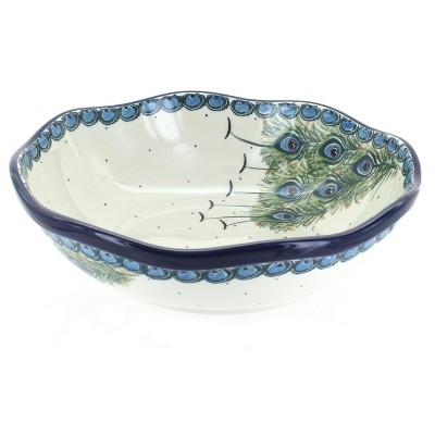 Blue Rose Polish Pottery Peacock Feather Large Scallop Bowl