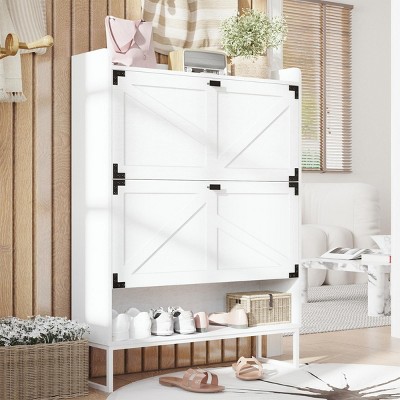 INFURNIC Decorative Storage Cabinets Shoe Cabinet with Flip Drawers and Metal Corner Legs for Entryway Hallway Porch, White, 31.5"*9.5"*42.12"