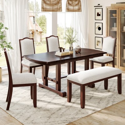 60-78'' Extendable Kitchen Table Set for 6, 6-Piece Dining Room Set with Bench, Upholstered Chairs, Removable Leaf Table-The Pop Home