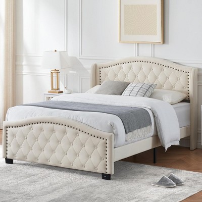 Queen King Bed Frame, Upholstered Platform Bed with Wingback Tall Headboard and Button Tufted Design, Wood Slat Support, No Box Spring Needed, Beige