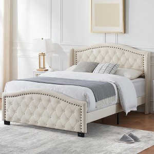 Queen King Bed Frame, Upholstered Platform Bed with Wingback Tall Headboard and Button Tufted Design, Wood Slat Support, No Box Spring Needed, Beige - 1 of 4