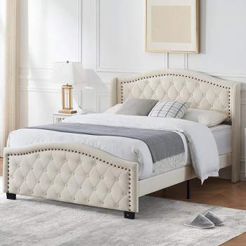Queen King Bed Frame, Upholstered Platform Bed with Wingback Tall Headboard and Button Tufted Design, Wood Slat Support, No Box Spring Needed, Beige