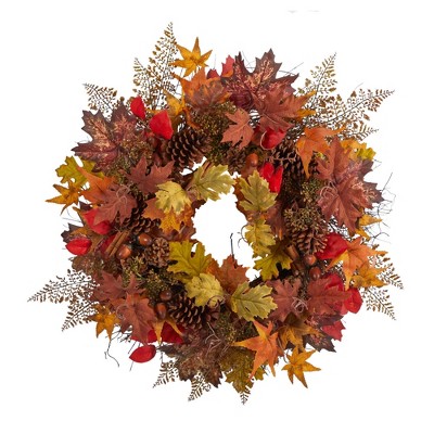 Nearly Natural 30” Autumn Maple Leaves, Acorn, Pinecones and Cinnamon Sticks Artificial Fall Wreath