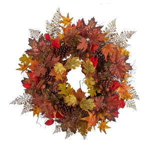 Nearly Natural 30” Autumn Maple Leaves, Acorn, Pinecones and Cinnamon Sticks Artificial Fall Wreath - 1 of 3