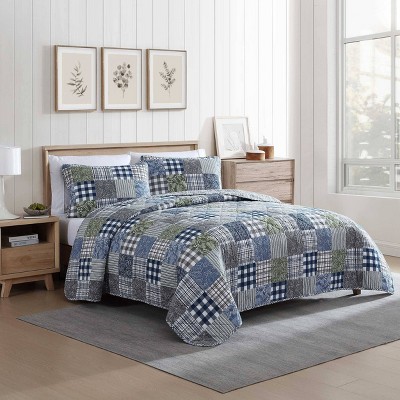 King Blue Cotton Reversible Patchwork Quilt Set