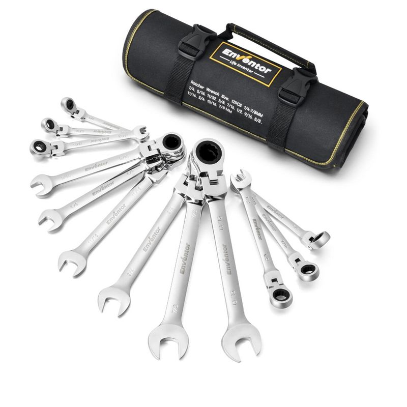 ENVENTOR Flex Head Ratcheting Wrench Set, 12 Pieces SAE 1/4-7/8 Inch, CRV Steel, 72-Teeth, with Rolling Pouch - 12 Pieces, 1 of 7