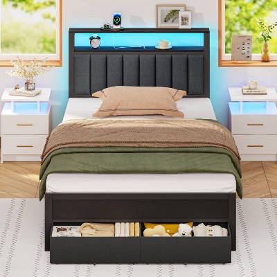 Twin Bed Frames Grey Upholstered Headboard with Shelves Metal Platform Bed with 2 Under-Bed Storage (Fabric Drawer on Wheels) No Box Spring Needed