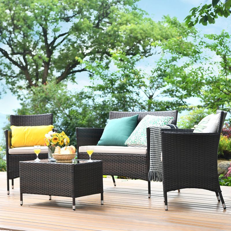 Tangkula 8 Pieces Patio Rattan Conversation Furniture Set Outdoor w/ Brown & Turquoise Cushion, 3 of 10