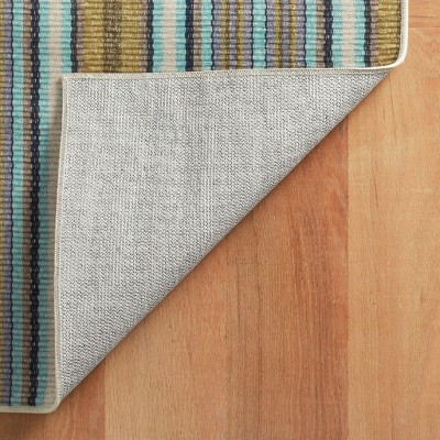 Green and Blue Stripe Synthetic Rectangular Washable Rug 3' x 5'