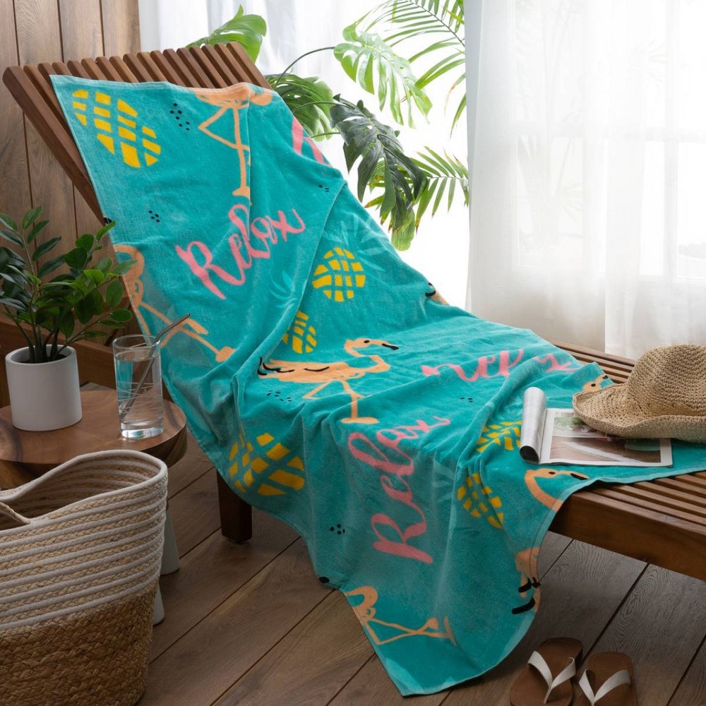 Moda at Home Flamingos and Pineapples Velour Beach Towel