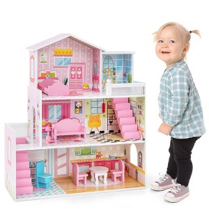 Costway Kids Wooden Dollhouse Playset with 5 Simulated Rooms & 10 Pieces of Furniture - 1 of 4