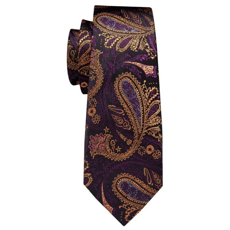 Men's Purple And Yellow Paisley 100% Silk Neck Tie With Matching Hanky And Cufflinks Set, 3 of 5