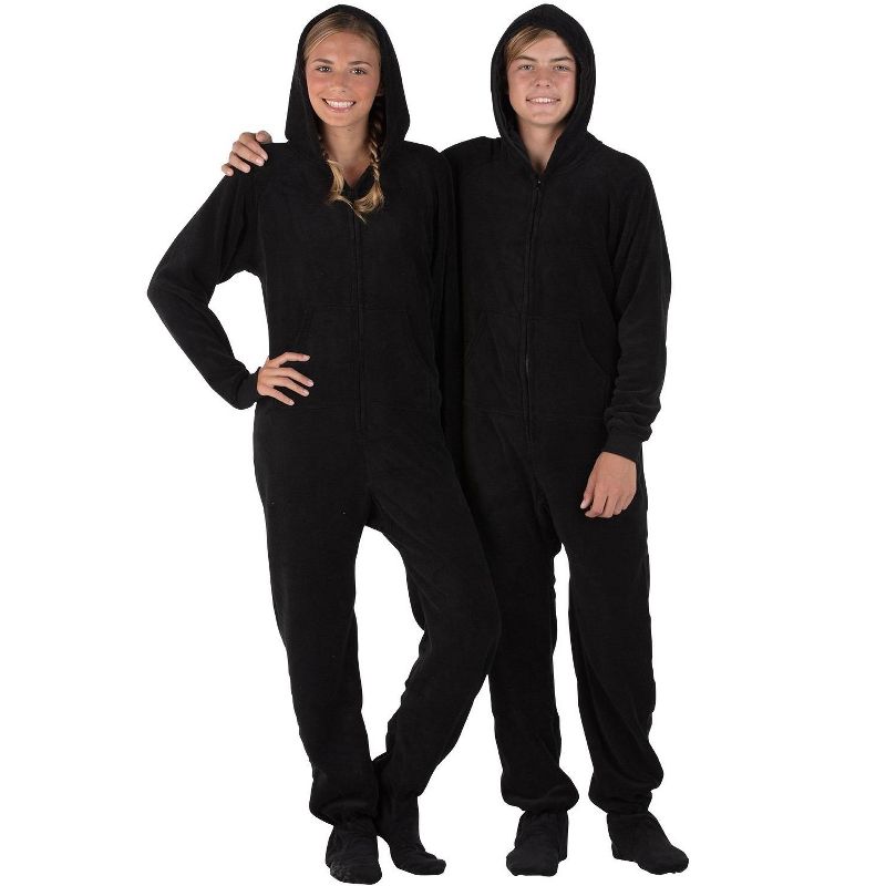 Footed Pajamas - Family Matching - Jet Black Hoodie Chenille Onesie For Boys, Girls, Men and Women | Unisex, 1 of 5