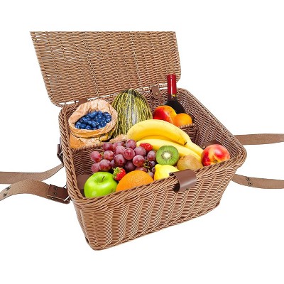 Handwoven Brown Poly-Wicker Picnic Basket with Leather Straps