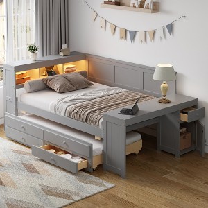Full Size Daybed with Storage, Trundle Bed, Built-In Desk, LED Light & Charging Station - ModernLuxe - 1 of 4