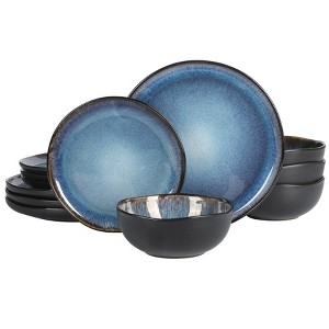 Gibson Soho Lounge Nardini 12 Piece (Service for 4) Plates and Bowls Reactive Glaze Dishes Stoneware Ceramic Dinnerware Set - Black and Blue - 1 of 4