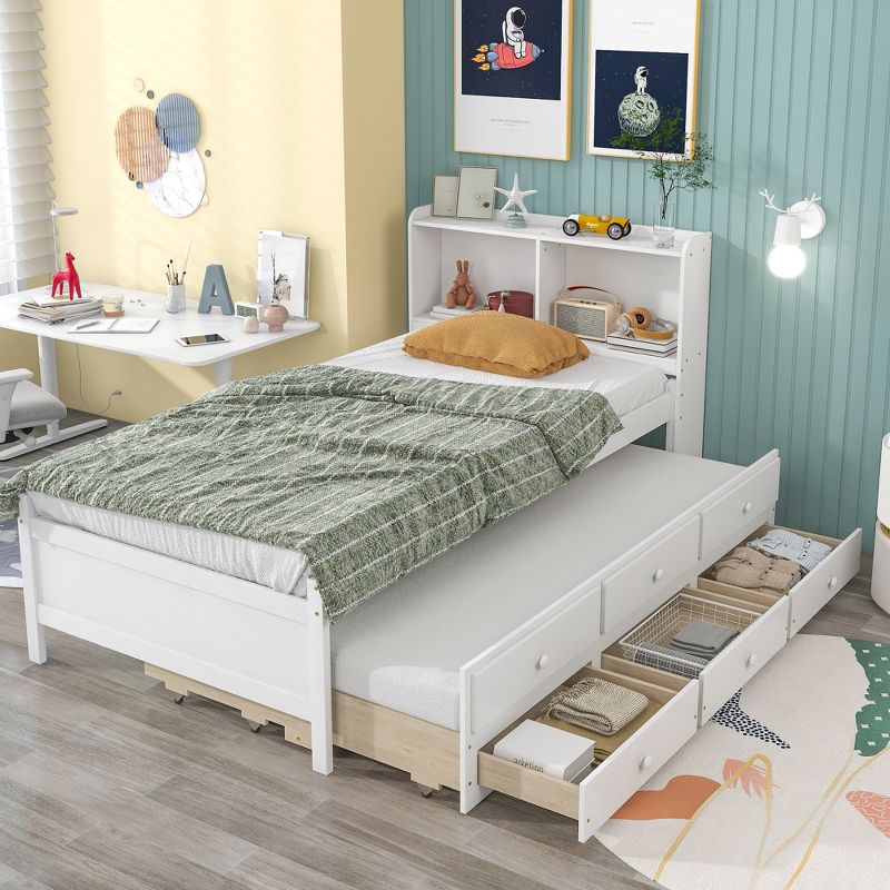Full/Twin Size Platform Bed with Bookcase Headboard, Twin Size Trundle Bed and Drawers-ModernLuxe, 2 of 10